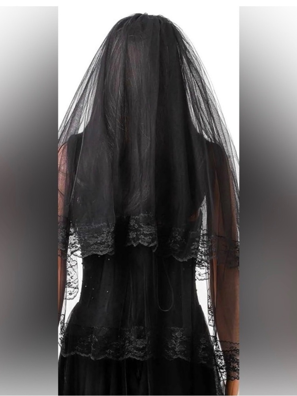 Black Lace-Trim Bridal Veil Good For Halloween